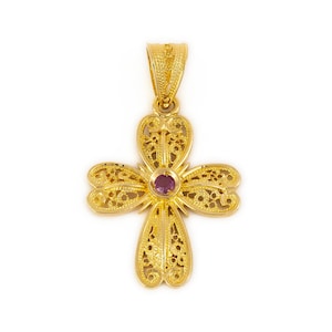 18K Gold Byzantine Filigree Ruby Cross, Byzantine Cross, Greek Orthodox Cross, Greek Jewelry, Gold Pendant Cross, Christmas Gifts for Women