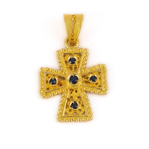 18K Gold Byzantine Filigree Cross with Stones, Solid Gold Gemstone Cross, Greek Orthodox Cross, Square Greek Cross, Baptism Jewelry