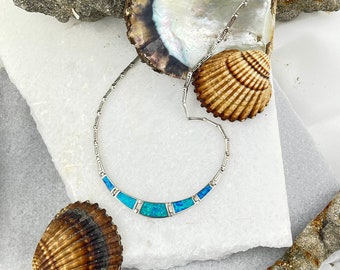 Blue Opal Silver Necklace – Meander Greek Necklace, Greek Key Jewelry, Eternity Meander Opal Necklace, Sterling Silver Greek Necklace
