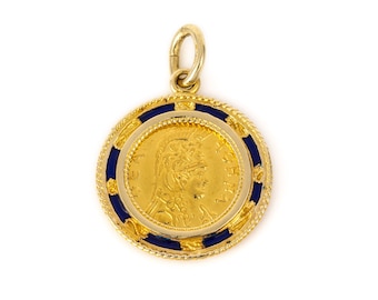 Goldanhänger griechische Münze mit Emaille, Athena-Anhänger, Anhänger der griechischen Göttin, Schmuck der griechischen Mythologie