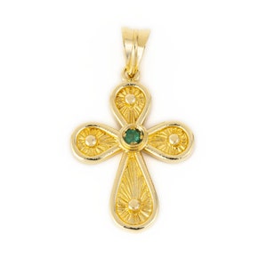 Gold Byzantine Cross with Emerald , Greek Orthodox Cross Pendant, 14K Solid Gold, Baptism Cross, Gemstone Cross, Greek Jewelry