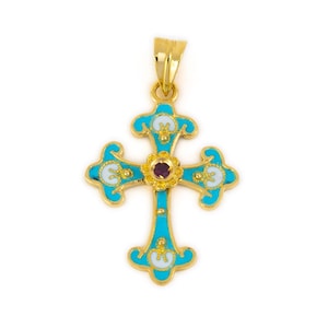 Enamel Cross Pendant 18K Yellow Gold, Handmade Byzantine Cross Pendant, Gold Cross, Greek Orthodox Cross, Greek Jewelry