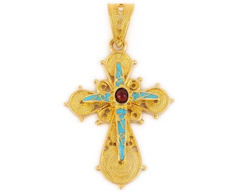 18K Gold Cross Greek Jewelry, Byzantine Cross with Enamel, Filigree Cross, Greek Cross Pendant, Greek Orthodox Cross