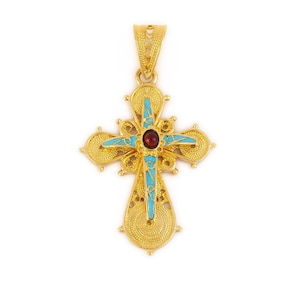 18K Gold Cross Greek Jewelry Byzantine Cross With Enamel Filigree Cross Greek Cross Pendant Greek Orthodox Cross Etsy