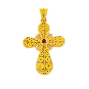 18K Solid Gold Byzantine Cross, Filigree Cross with Gemstones, Greek Cross, Greek Orthodox Cross, Greek Jewelry, Gifts for her