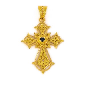 Filigree Sapphire Cross in 18K Gold, Byzantine Cross, Filigree Cross with Gemstones, Greek Cross, Greek Orthodox Cross, Greek Jewelry