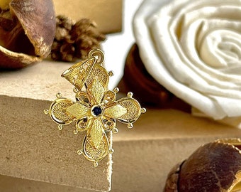 18K Gold Byzantine Filigree Cross, Solid Gold Gemstone Cross