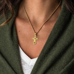 Byzantine Solid Gold Cross in 18K, Filigree Cross with Gemstones, Greek Cross, Emerald Ruby Greek Orthodox Cross, Greek Jewelry