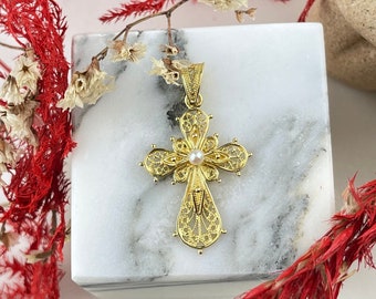 Pendentif croix byzantine, croix en or massif 18 carats, croix en filigrane d'or, croix orthodoxe, pendentif grec fait main, bijoux grecs, cadeaux pour elle