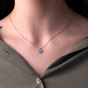 Blue Opal Solid Gold 14K Necklace, Zirconia Gemstone Necklace, Opal Necklace, Wedding Necklace, Minimal Necklace
