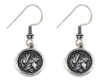 Orecchini Atena, orecchini con monete greche, orecchini con monete d'argento antiche, orecchini con dea greca, gioielli greci antichi, orecchini greci fatti a mano