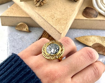 Alexander der Große Ring - Sterlingsilber vergoldet, griechischer Schmuck, Alexander der Große Ring, Münzensiegelring, griechischer Schmuck
