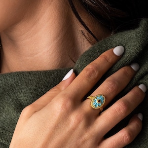Byzantijnse ring met turkoois email 18K goud, gouden Byzantijnse sieraden, tijdloos cadeau, gouden ovale emailring, cadeau voor vrouwen
