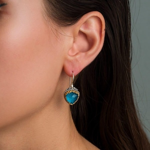 Gerochristo Jewelry Iris Triangle Earrings Sterling Silver Pariba Doublet Stone, Blue Gemstone Earrings, Handmade Greek Jewelry Gift for Her