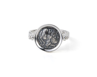 Anillo de moneda de Atenea, anillo de moneda al aire, diosa griega, anillo de plata hecho a mano, anillo de Atenea, anillo antiguo, joyería griega antigua