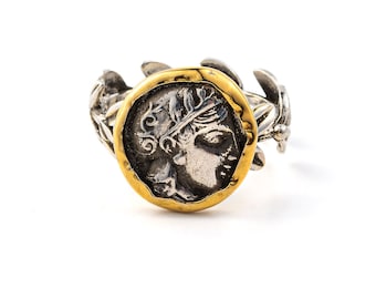 Greek Goddess Athena Coin Ring 14K Gold and Sterling Silver, Athena ring, Statement Ring, Greek Mythology, Ancient Greek, Greek Jewelry