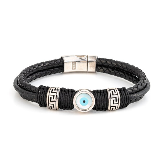 Silver Om Damru Brass Black Leather Bracelet for Men | FashionCrab.com