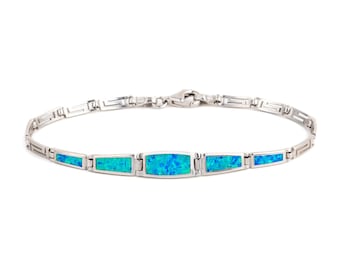 Pulsera de ópalo azul con meandro: joyería de plata de ley con forma de llave griega, pulsera de inspiración griega antigua, delicada pulsera de ópalo azul, regalo para mujer