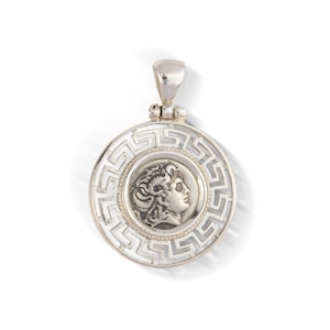 Alexander der Große Silberanhänger, Alexander Anhänger, Antike griechische Münzhalskette, Antiker Anhänger, Meanderanhänger, Altgriechischer Schmuck