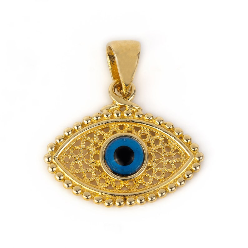 14K Solid Gold Evil Eye Filigree Pendant Evil Eye Charm Blue | Etsy
