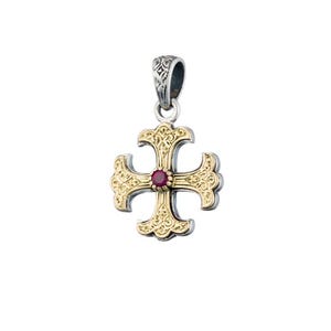 Byzantine Cross Pendant in18k Yellow Gold And Sterling Silver With Ruby by Gerochristo Jewelry