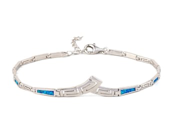 Pulsera de ópalo con meandro de llave griega Pulsera de ópalo azul Pulsera de eslabones de plata Joyería griega Pulsera de meandro Pulsera de llave griega