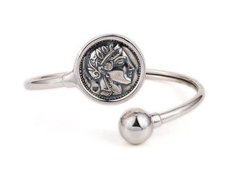 Goddess Athena Coin Hinge Bracelet – Sterling Silver 925, Handmade Greek Jewelry, Ancient Greek Coin Bracelet, Greek Goddess Bracelet