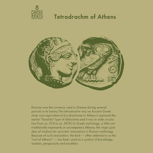 May include: A close-up of a silver tetradrachm coin from Ancient Greece. The coin features a profile of Athena on one side and an owl on the other. The text "Tetradrachm of Athens" is printed above the coin.