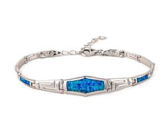 Pulsera de ópalo azul con llave griega – Joyería de plata de ley con llave griega – Pulsera de eslabones de ópalo azul – Pulsera de inspiración griega antigua, regalo para ella