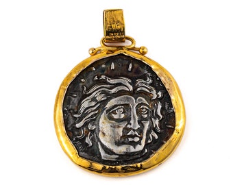 Colgante del dios del sol Helios de la antigua Grecia: colgante de moneda de Rodas en oro y plata de 14 quilates, joyería griega, regalos de Pascua