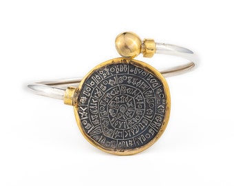 Greek Phaistos Disc Bracelet in 14K Gold Phaistos Bracelet Ancient Greek Coin Phaistos Disk Silver Cuff Museum Jewelry Ancient Greek Jewelry