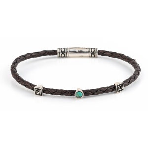Greek Key Leather Bracelet, Genuine Leather Bracelet, Personalized Men&#39;s Gift, Mens Braided Bracelet, Gemstone Beads Bracelet, Greek Jewelry