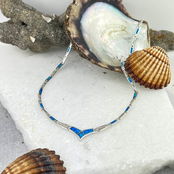 Greek Necklace Blue Opal Silver Necklace Meander Blue Opal Silver