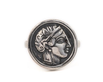 Anillo de plata con moneda de Atenea: joyería con monedas de la antigua Grecia, anillo con moneda antigua, anillo de diosa griega, anillo griego vintage, regalo de joyería con monedas