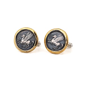 Pegasus Coin Cufflinks Gold Silver, Pegasus Cufflinks, Ancient Coin, Horse Cufflinks, Antique Cufflinks, Greek Mythology, Mens Cufflinks