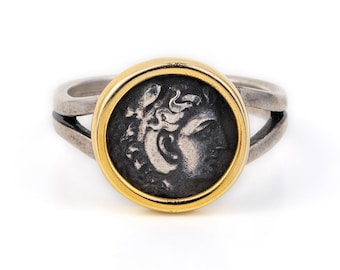 Herkules Münze Gold Ring – Antiker griechischer Schmuck, Alexander der Große Ring, griechische Mythologie Gold Siegelring, Herren-Statement Ring