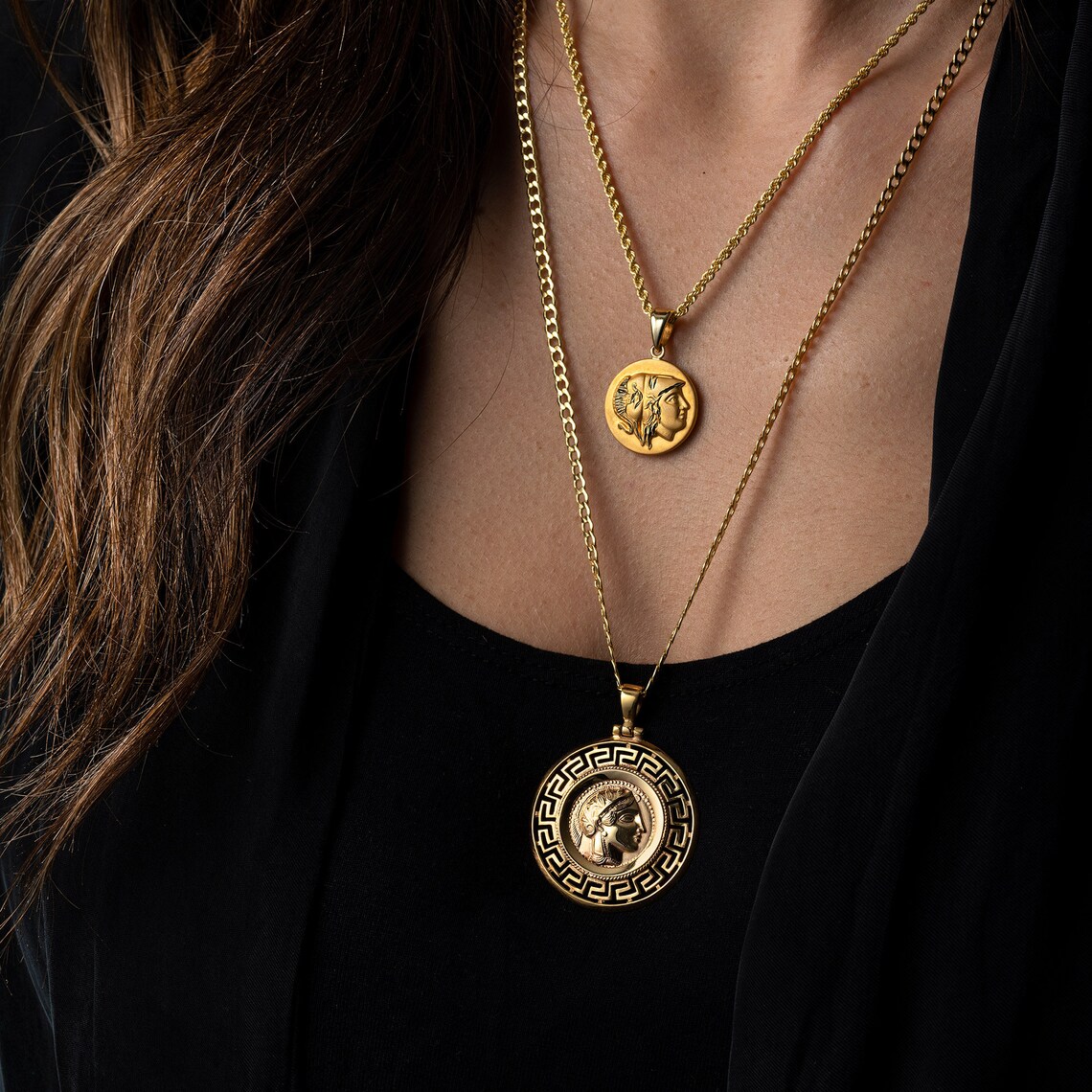 Athena Goddess Coin Pendant 14k Solid Gold Grecian Medallion | Etsy