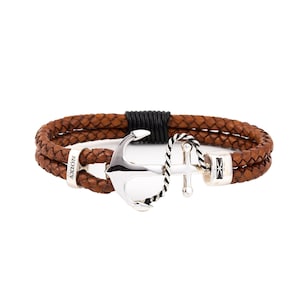 Sterling Silver Anchor Leather Bracelet, Personalized Men&#39;s Gift, Handmade Nautical Bracelet, Leather Braided Bracelet, Men&#39;s bracelet