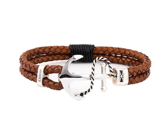 Sterling Silver Anchor Leather Bracelet, Personalized Men's Gift, Handmade Nautical Bracelet, Leather Braided Bracelet, Men's bracelet