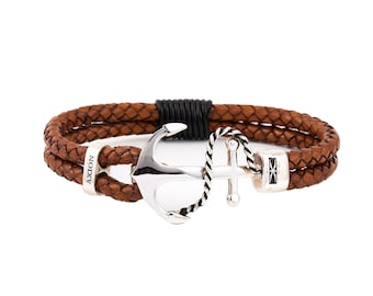 Sterling Silver Anchor Leather Bracelet, Personalized Men's Gift, Handmade Nautical Bracelet, Leather Braided Bracelet, Gift for Men