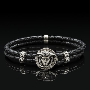 Medusa Leather Bracelet Sterling Silver, Axion Jewelry, Greek Mythology, Greek Goddess, Braided Genuine Leather Bracelet, Mens Bracelet