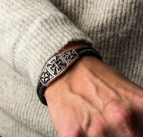 Fleur De Lis Bracelet Cross Bracelet Mens Cross Leather Bracelet