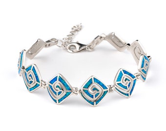 Pulsera de plata con ópalo azul y llave griega: joyería griega antigua con ópalo de fuego, pulsera de meandro hecha a mano, pulsera con llave griega llamativa, regalo para ella