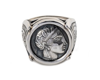 Anillo de la Diosa Atenea con Moneda - Anillo de Plata de Ley con Moneda de la Antigua Grecia, Anillo Antiguo de Atenea, Joyería de Mitología Griega, Anillo Llamativo Hecho a Mano