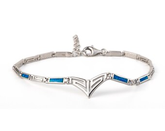 Pulsera de plata con ópalo y llave griega: pulsera de plata de ley con ópalo, joyería con llave griega, regalo de aniversario, pulsera hecha a mano