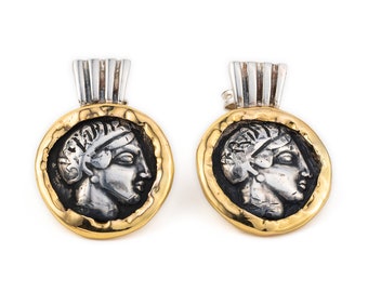 Greek Goddess Athena Coin Earrings – 14K Gold & Silver Ancient Greek Coin Jewelry, Athena Inspired Antique Earrings, Handmade Gift for Her