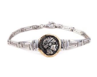 Goddess Athena in 14K Gold and Sterling Silver Bracelet, Ancient Greek Coin bracelet, Athena Bracelet, Coin bracelet, Ancient Greek jewelry