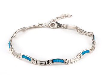 Pulsera de plata con ópalo y llave griega Meander, pulseras de ópalo, pulsera con llave griega, regalo de cumpleaños para ella, regalos de Pascua