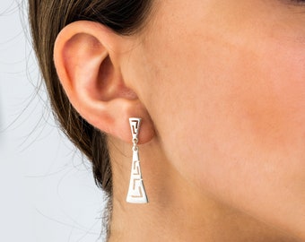 Meander Silver Dangle Earrings – Greek Key Jewelry, Handmade Greek Earrings, Bijoux Grecque, Ohrringe Griechisch, Gift for Her