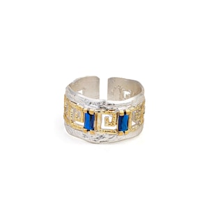 Greek Key Crystal Silver Ring, Meander Jewelry, Greek Ring, Blue Stone Ring, Band Ring, Gift for wife, Gift for Women